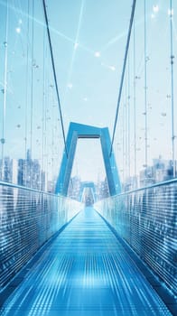Futuristic glass suspension bridge with glowing digital data, representing innovation, technology, and the future of infrastructure