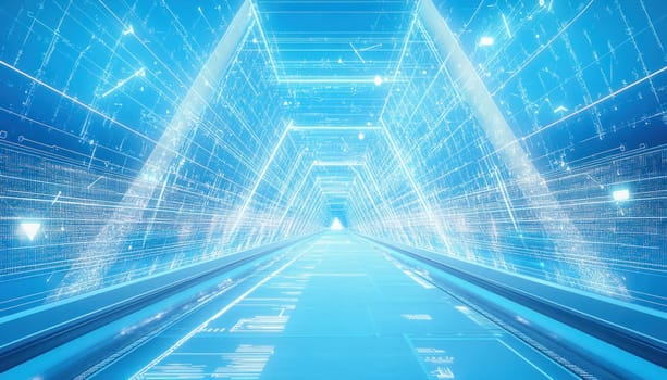 Glowing digital information flows through futuristic tunnel, creating stream of data