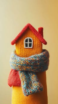 Miniature house wrapped in orange scarf, representing energy efficiency, heating, and cozy home atmosphere
