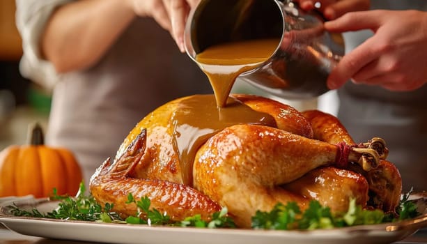 Chefs are pouring sauce on a roasted turkey, garnished with rosemary and cranberries, for a thanksgiving dinner
