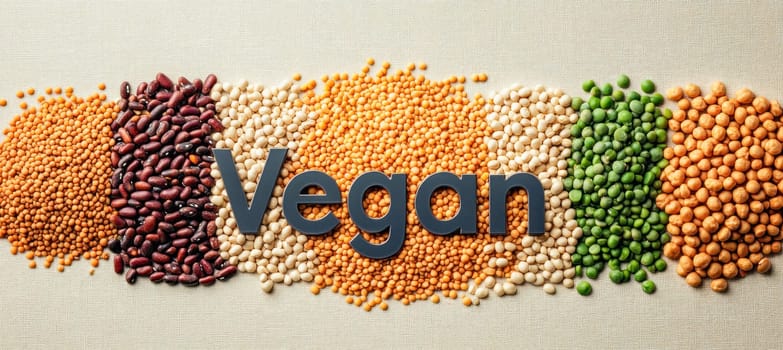 Different kinds of legumes and vegetables with the word vegan in the center promoting a plant based diet