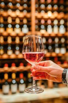 Glass of rose wine being poured by a sommelier in a restaurant wine cellar