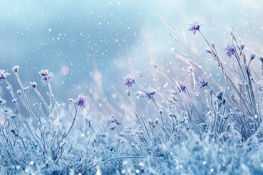 Delicate blue flowers covered with frost. Night frosts. Early winter. High quality photo
