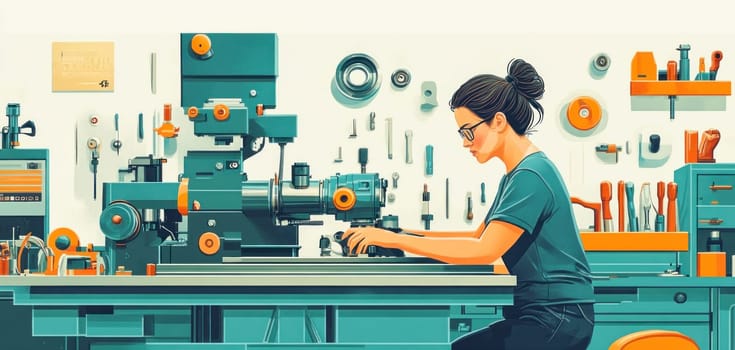 Female technician working with precision machinery in a modern manufacturing plant, highlighting advanced technology and skilled labor