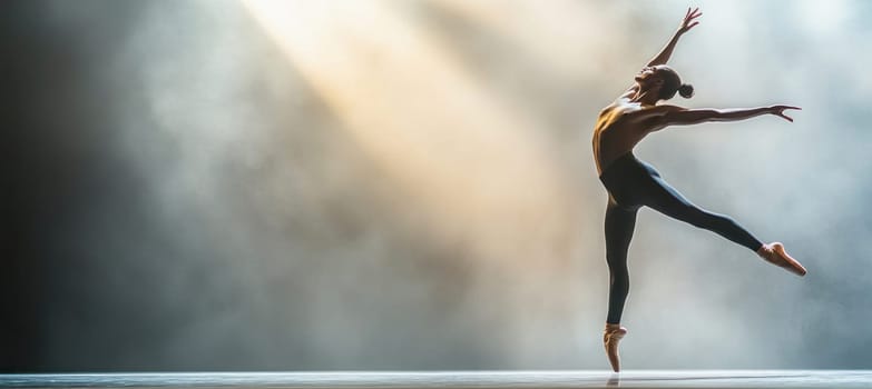 Ballerina gracefully dancing on stage, illuminated by dramatic lighting and surrounded by smoke, showcasing elegance and artistry