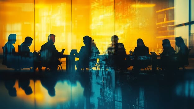 The meeting hall is illuminated by the rays of the setting sun. Colleagues are holding a meeting. High quality photo