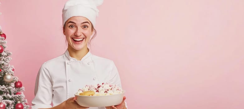 Happy pastry chef showing a delicious christmas dessert in a studio with pink background and decorated christmas tree