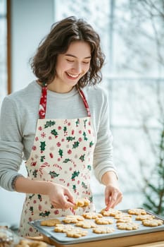 Happy woman wearing christmas apron arranging freshly baked cookies on a baking tray