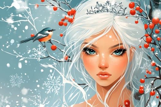 Portrait of a very beautiful woman in a winter forest, a fairy or mistress of the forest walks around her domain. High quality photo
