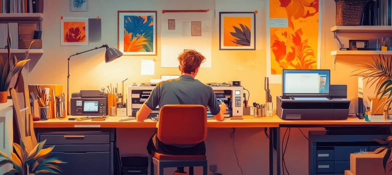 Male technician concentrating on fixing electronics in his comfortable home office, bathed in the warm glow of sunset