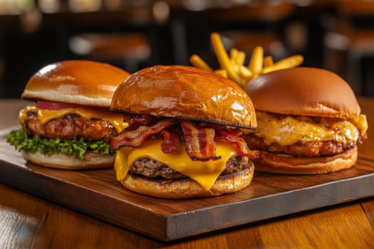 Three juicy tasty hamburgers lie on a wooden table in a bar or cafe. High quality photo