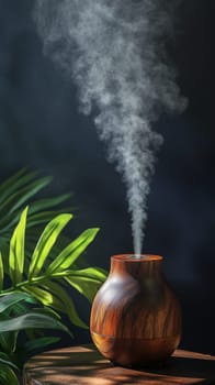 The humidifier in the interior is stylized as a wooden vase. High quality photo
