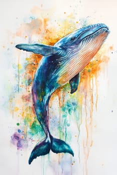 Image of a whale on a light background. Blue whale painted with blue watercolor paint. High quality photo