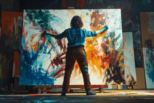 Rear view of a female artist who is very passionate about the process of painting a new picture with bright colors. High quality photo
