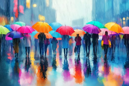 Many people walk in the rain in the city. Multi-colored umbrellas protect people from the pouring rain during rush hour. High quality photo