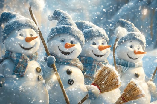Many funny snowmen stand on a snowy street in winter during a snowfall. High quality photo