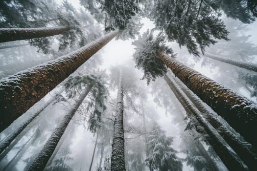 Bottom up view of tree tops in winter forest. High quality photo