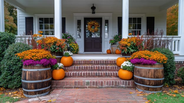 Decorating the porch and front door with pumpkins and fall flowers. Decorating the house for the traditional holiday. High quality photo