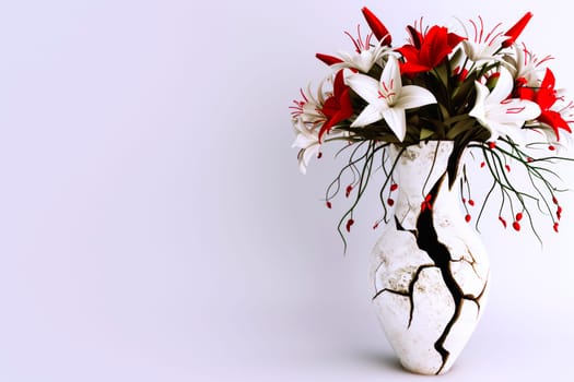 A cracked alabaster vase with red interior filled with white lilies sits on the right side of the frame. The left offers space for custom text or logo.