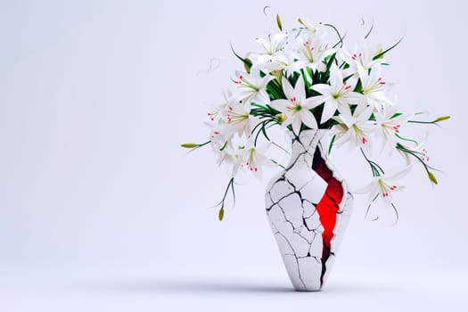 A cracked alabaster vase with red interior filled with white lilies sits on the right side of the frame. The left offers space for custom text or logo.