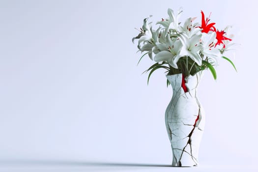A cracked alabaster vase filled with white and red lilies stands on the right. The left side provides space for custom text or logo, ideal for decorative or promotional use.