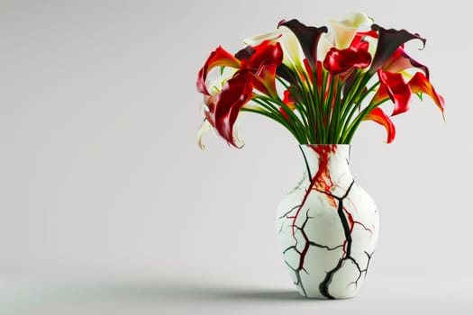 A cracked alabaster vase filled with white, red, and burgundy calla lilies stands on the right. Space on the left offers room for text or logo placement.