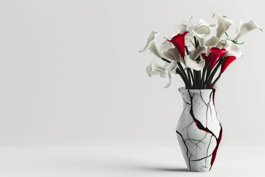 A cracked alabaster vase holds white and red calla lilies with green stems. Positioned to the right, the vase allows for text space on the left side of the image.