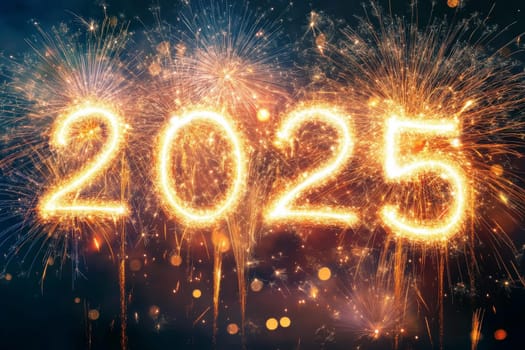 2025. Happy New Year. Fireworks and sparks against the night sky with the numbers of the coming 2025. High quality photo.