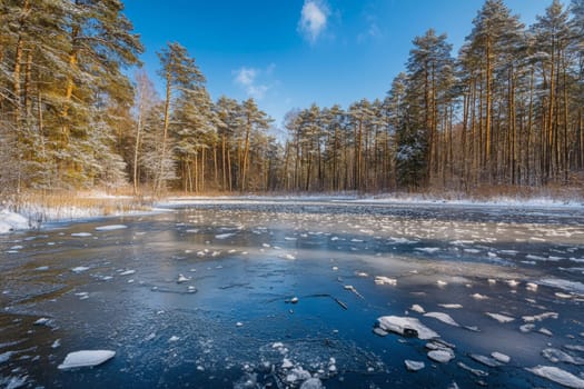 Mountain lake in early spring, thaw, drifting ice. High quality photo