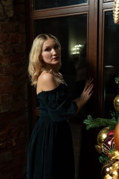 holiday evening christmas december cute winter woman happy new tree home window young joy girl