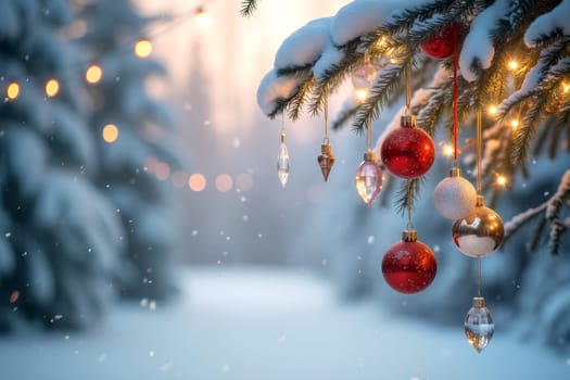 A serene winter scene features a Christmas tree branch with colorful ornaments and glowing lights, surrounded by softly falling snow in a peaceful forest setting - Generative AI