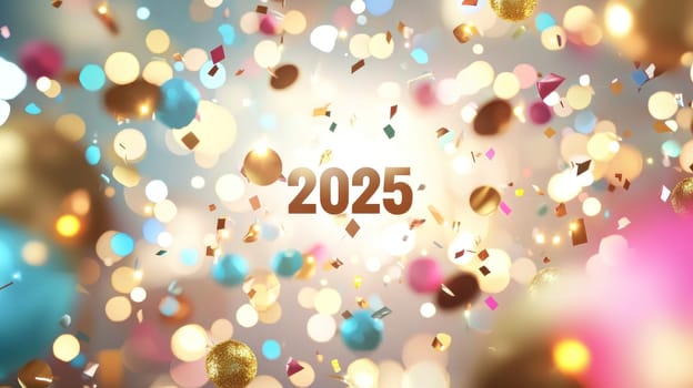 Celebrating vibrant arrival of 2025 with colorful confetti and festive elements.