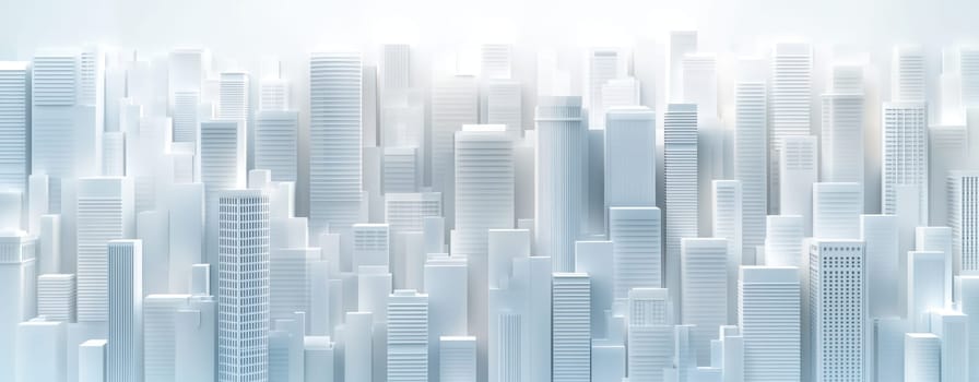 Modern city skyline with white and gray 3D building models, creating serene atmosphere.