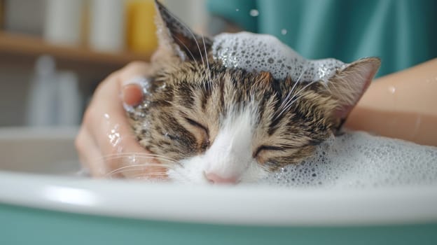 cat being washed in bathtub, enjoying bubbly bath experience.