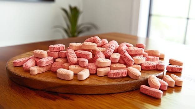 Pile of vitamins spills on a wooden table, promoting wellness and healthy choices. Various supplements are neatly arranged, symbolizing the benefits of proper healthcare