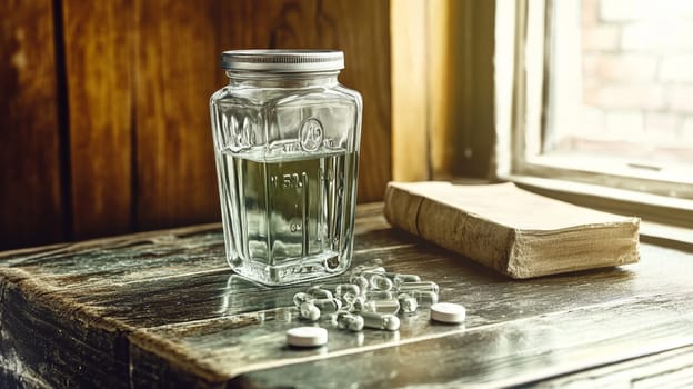 Mortar and pestle resting on rustic wooden table with an open book suggesting a traditional medicine recipe is being followed