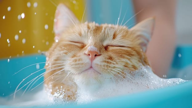 cat enjoying relaxing bath with bubbles and water splashes.