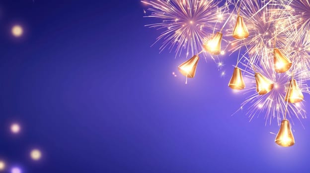 Golden fireworks illuminate vibrant blue background, creating festive atmosphere.