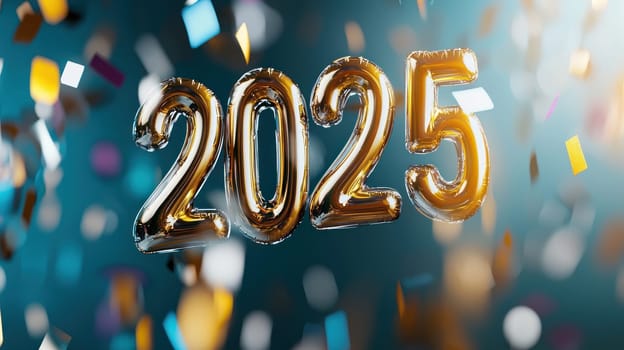 Celebrating arrival of 2025 with vibrant confetti and festive balloons.