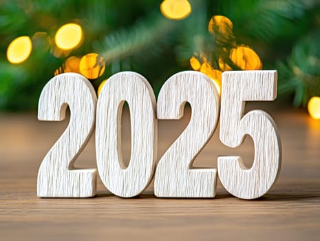 2025 wooden numbers with warm lights create festive atmosphere.
