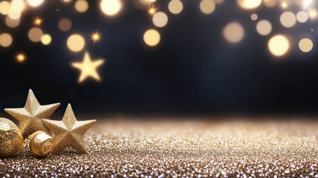 Golden stars and festive decorations create magical holiday atmosphere.