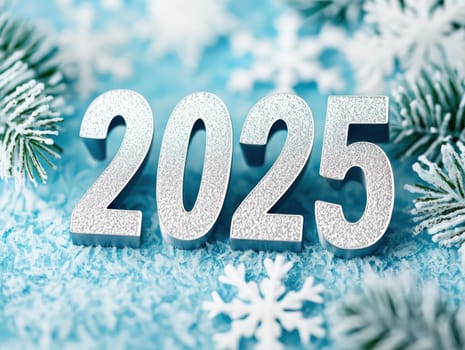 Celebrating new year 2025 with frosted snowflakes and winter vibes.