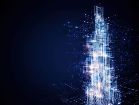 Digital skyscraper design with glowing lines and particles.