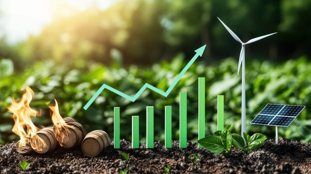 Sustainable growth is represented by bar graph, wind turbine, and solar panel.