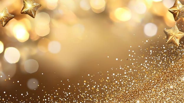 Golden background with sparkling stars and glittering bokeh effects.