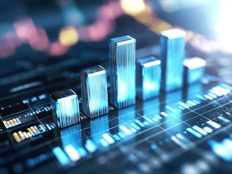 Digital data visualization with glowing blue bars representing growth trends.