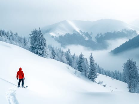 Winter thrill: snowboarder navigating snowy slopes of winter mountains, showcasing skill, adrenaline while enjoying breathtaking scenery and vibrant atmosphere of a snowy adventure