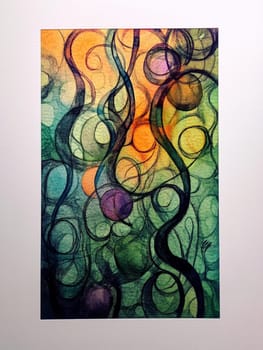 Mesmerizing blend of green, orange, purple, and yellow tones in abstract watercolor painting. Vibrant colors and bold patterns add creativity and modern flair to decor