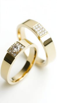 Two simple gold wedding rings are laying on white cloth, ready for the couple to exchange during their wedding ceremony