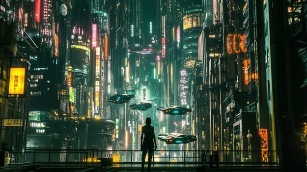 Woman stands on a balcony in a futuristic city at night, watching flying cars zoom through the urban landscape, blending technology and architecture seamlessly